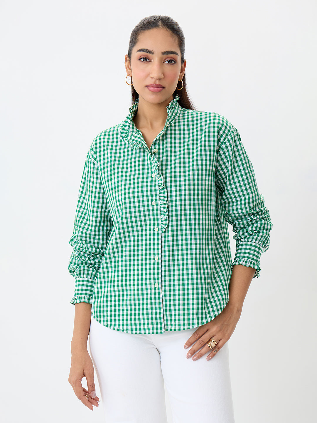 Green Gingham Frill Detail Shirt