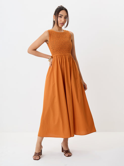 PaperLite Poplin Rust Smocked Maxi Dress