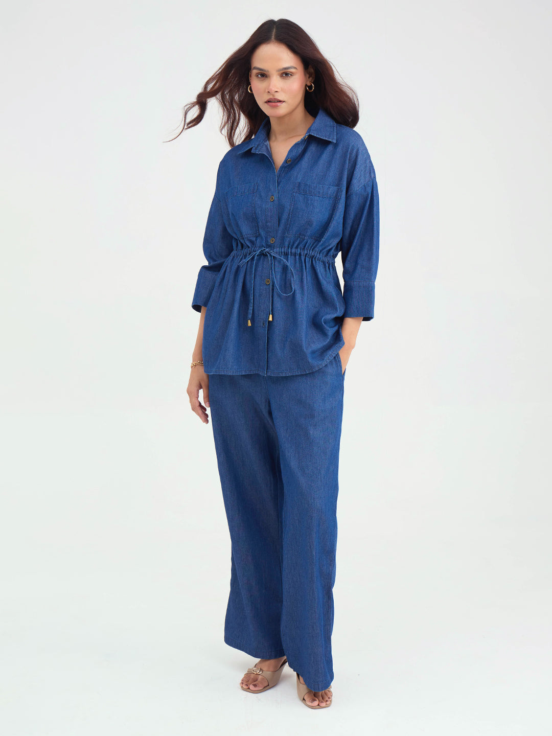 Navy Blue Drawstring Detail Denim Co-Ord