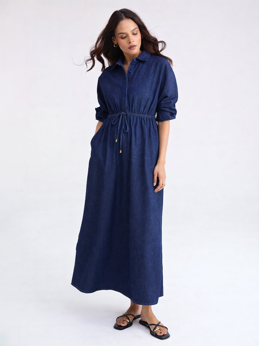 Navy Blue Shirt Denim Maxi Dress