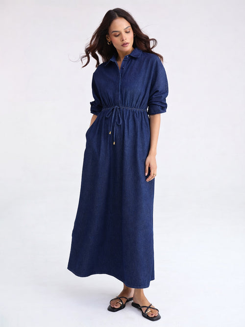 Navy Blue Shirt Denim Maxi Dress