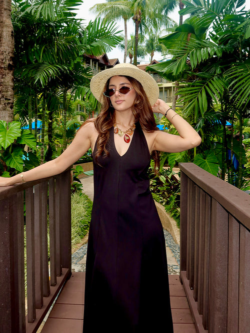 Black Knit Tie-Up Neck Maxi Dress