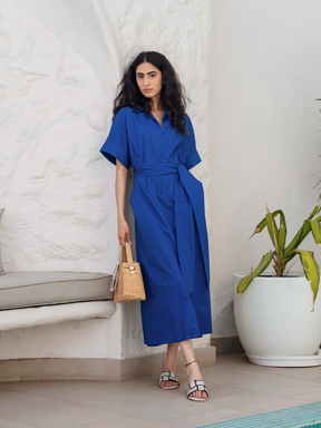 Royal Blue Poplin Shirt Midi Dress