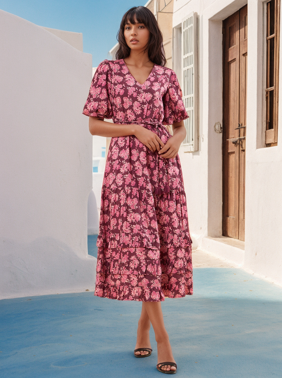 Wine Floral Belted Tiered Maxi Dress
