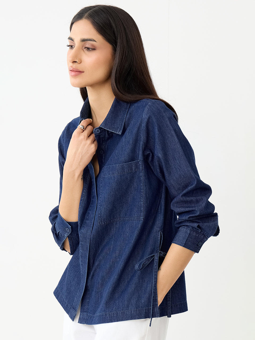 DenimLite Navy Side Tie-Up Detail Shirt