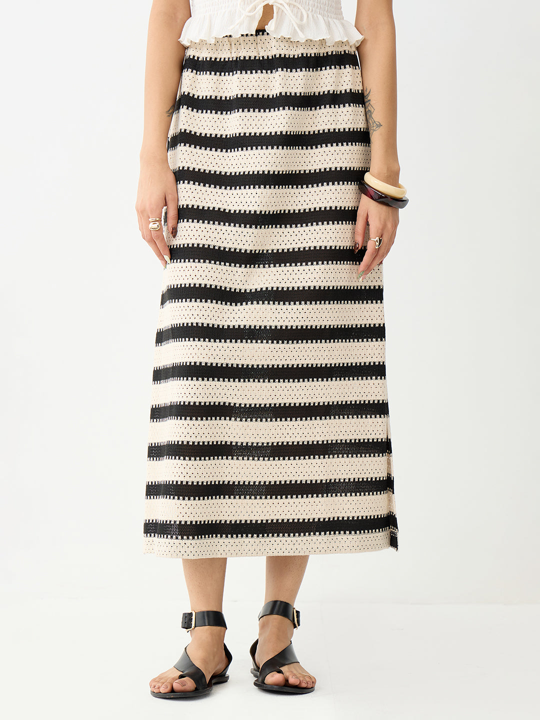 Black Stripe Crochet Ankle Length Skirt