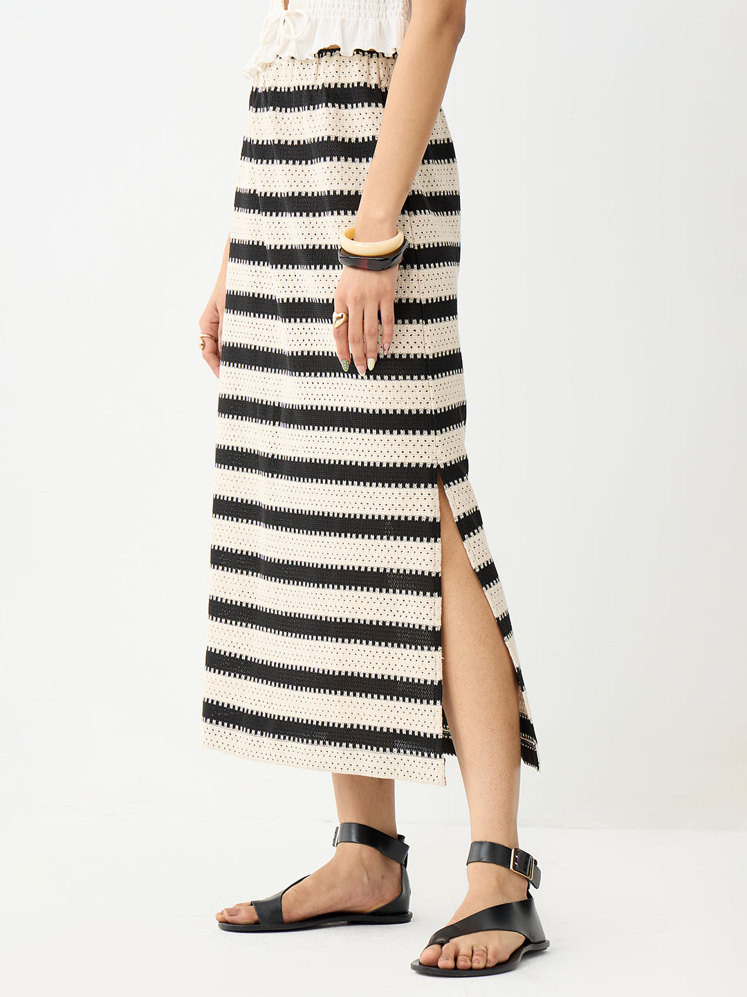 Black Stripe Crochet Ankle Length Skirt