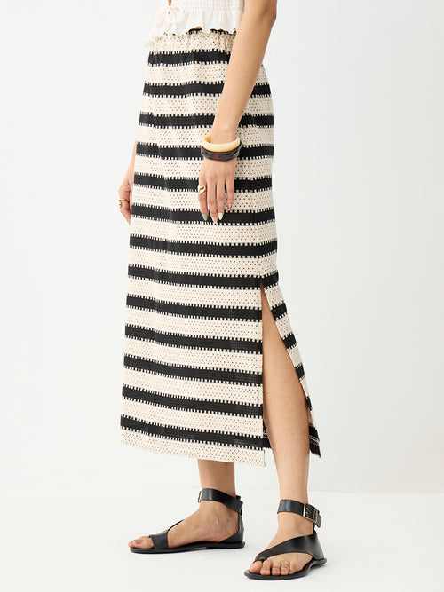 Black Stripe Crochet Ankle Length Skirt
