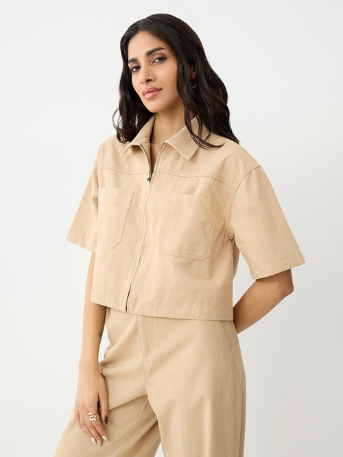 Beige Zip-Up Crop Shirt