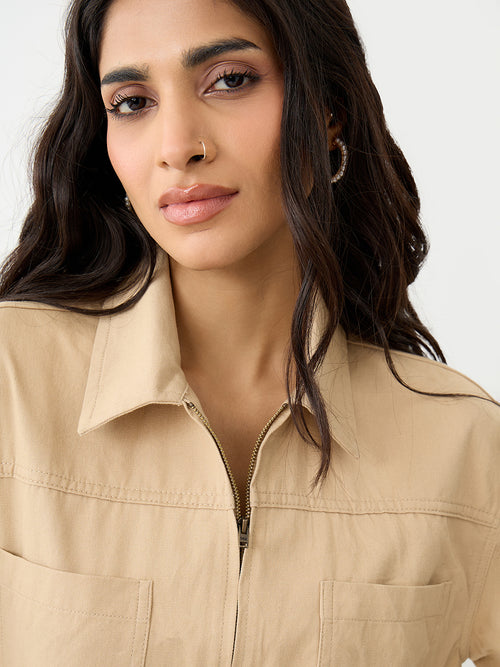 Beige Zip-Up Crop Shirt