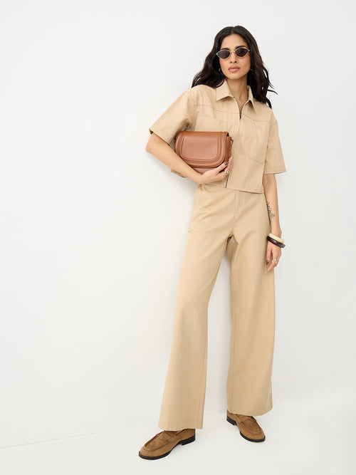 Beige Zip-Up Crop Shirt