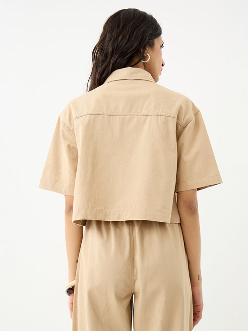 Beige Zip-Up Crop Shirt