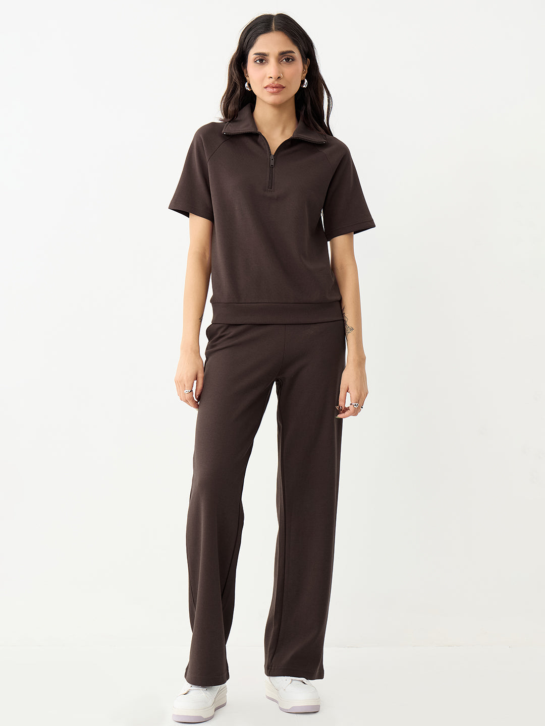 Coffee Brown Tonal Zip Knit Co-Ord