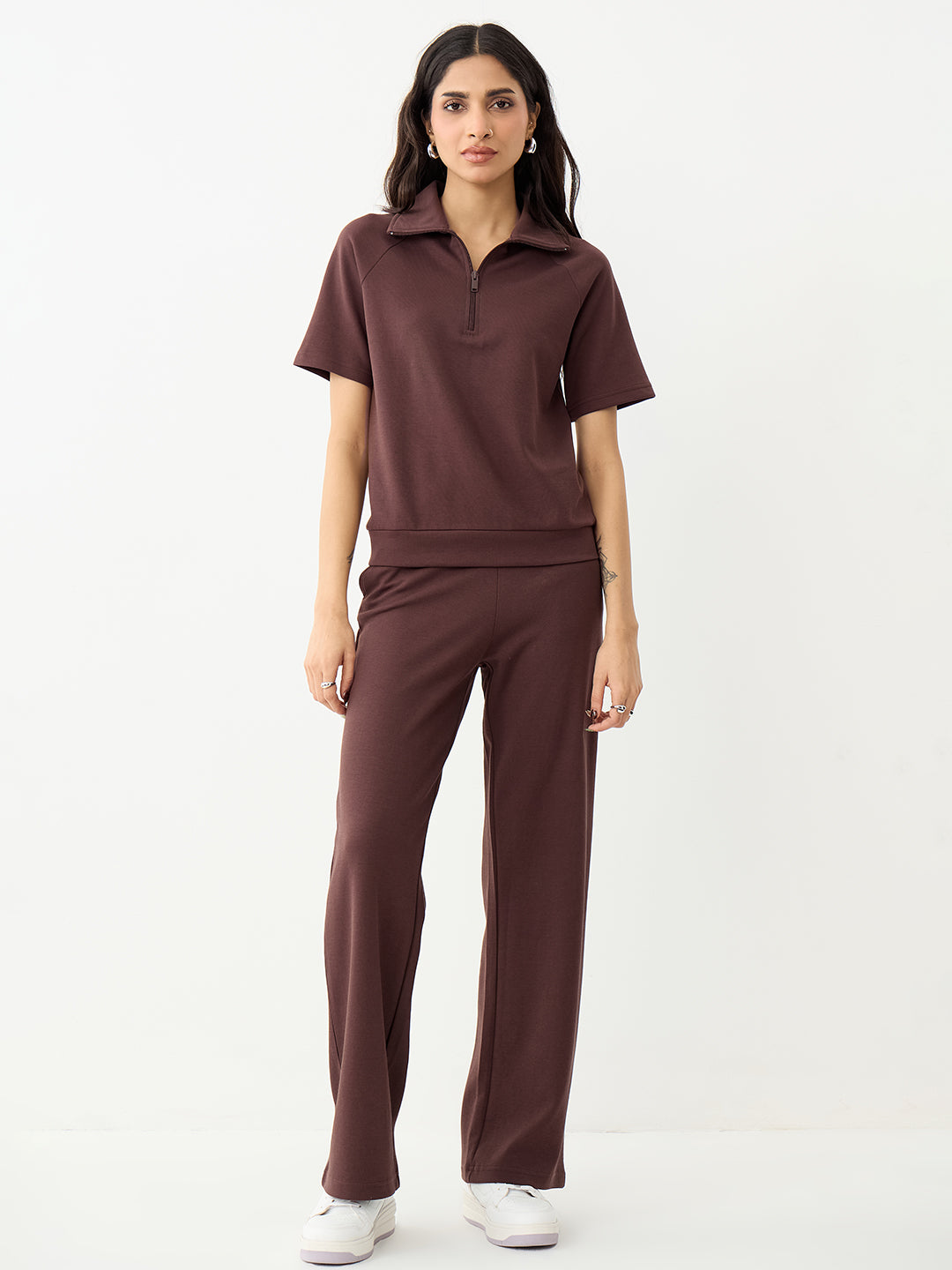 Coffee Brown Tonal Zip Knit Co-Ord