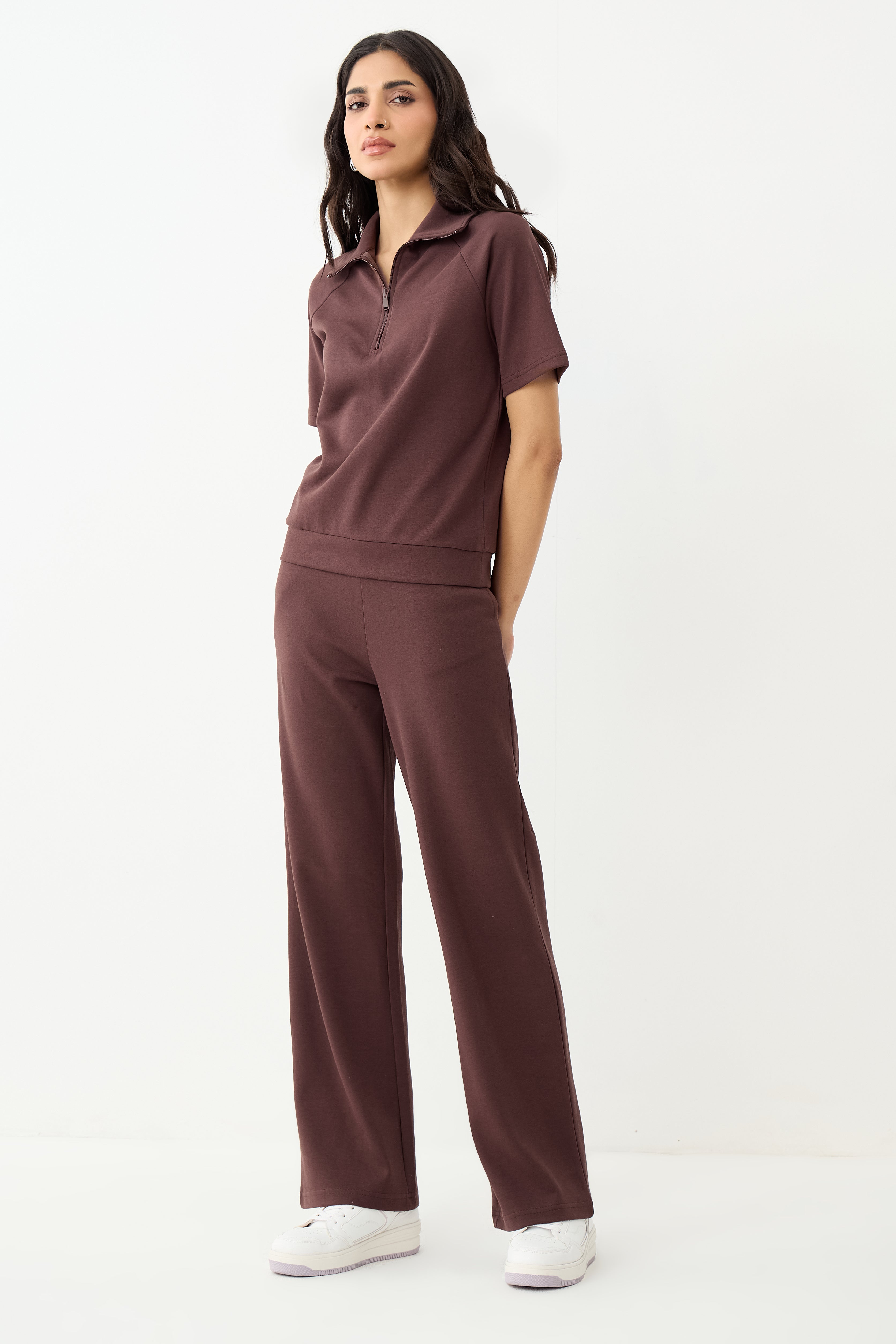 Coffee Brown Tonal Zip Knit Co-Ord