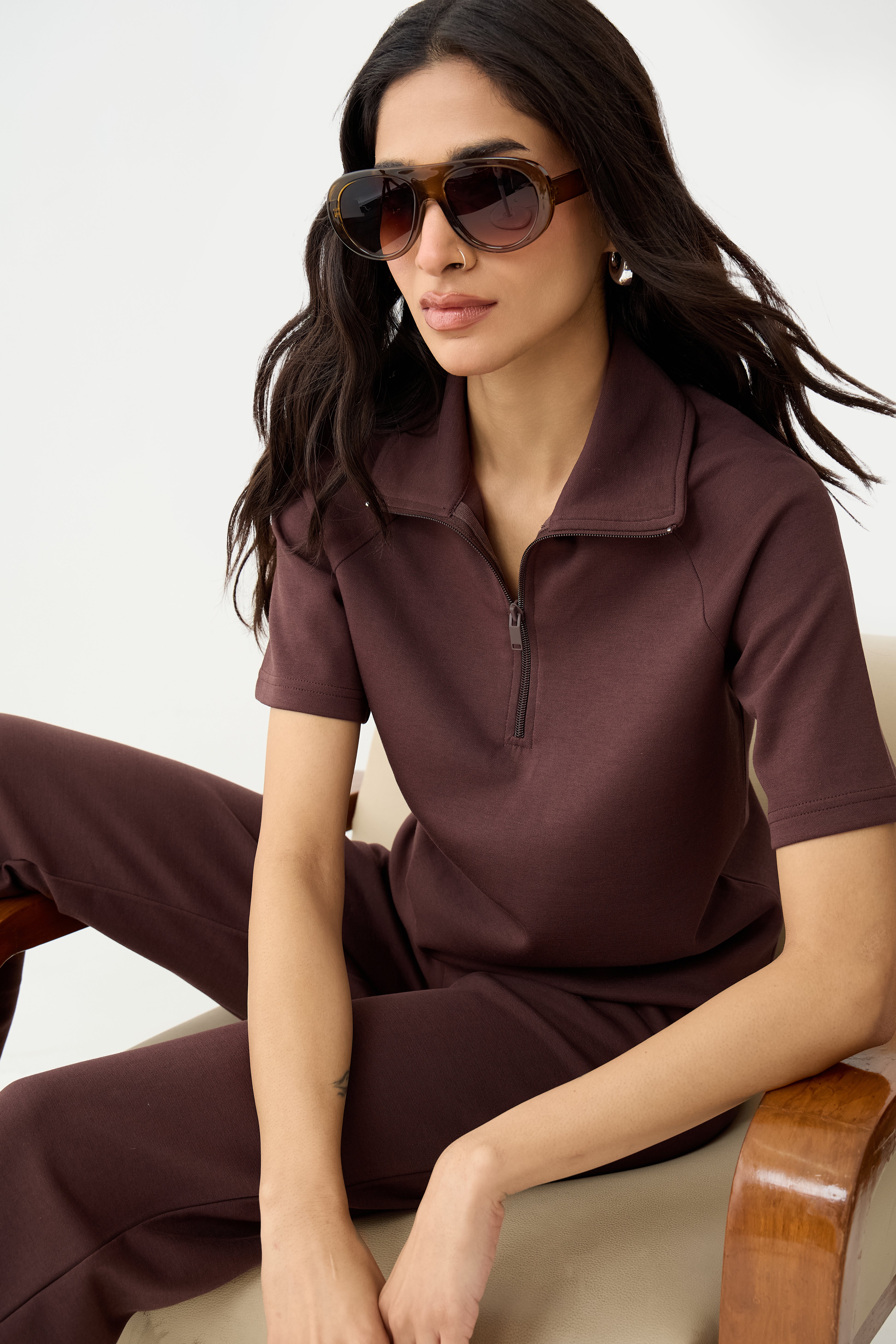 Coffee Brown Tonal Zip Knit Co-Ord