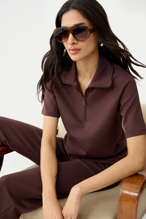 Coffee Brown Tonal Zip Knit Co-Ord