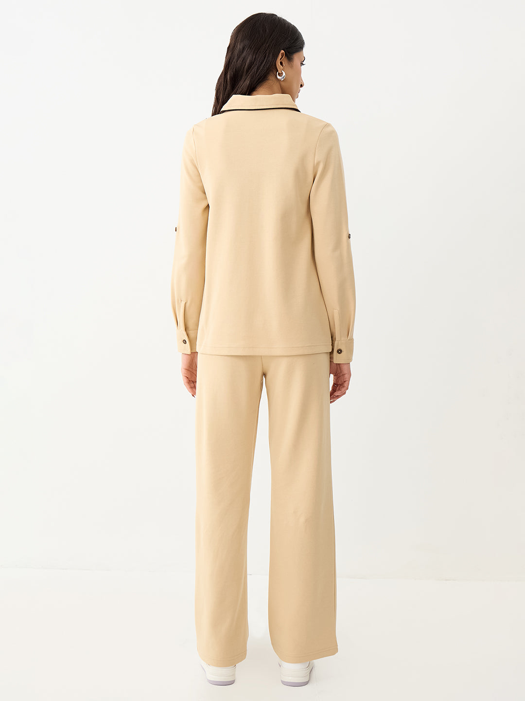 Beige With Contrast Zipper Knit Co-Ord