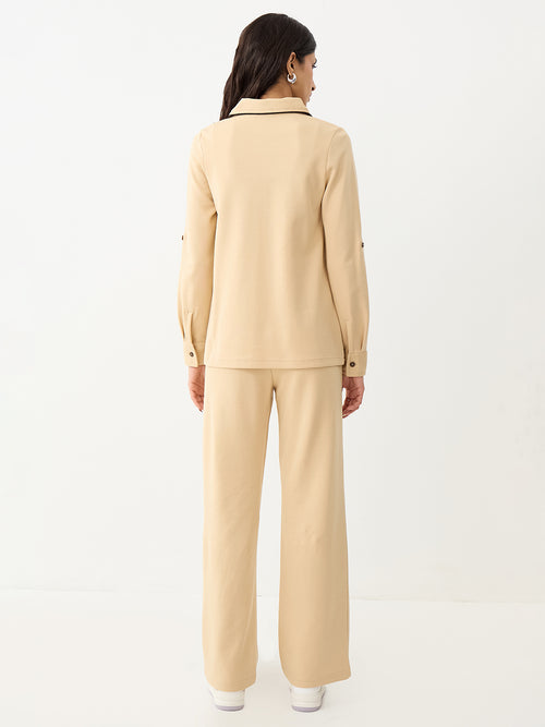 Beige With Contrast Zipper Knit Co-Ord