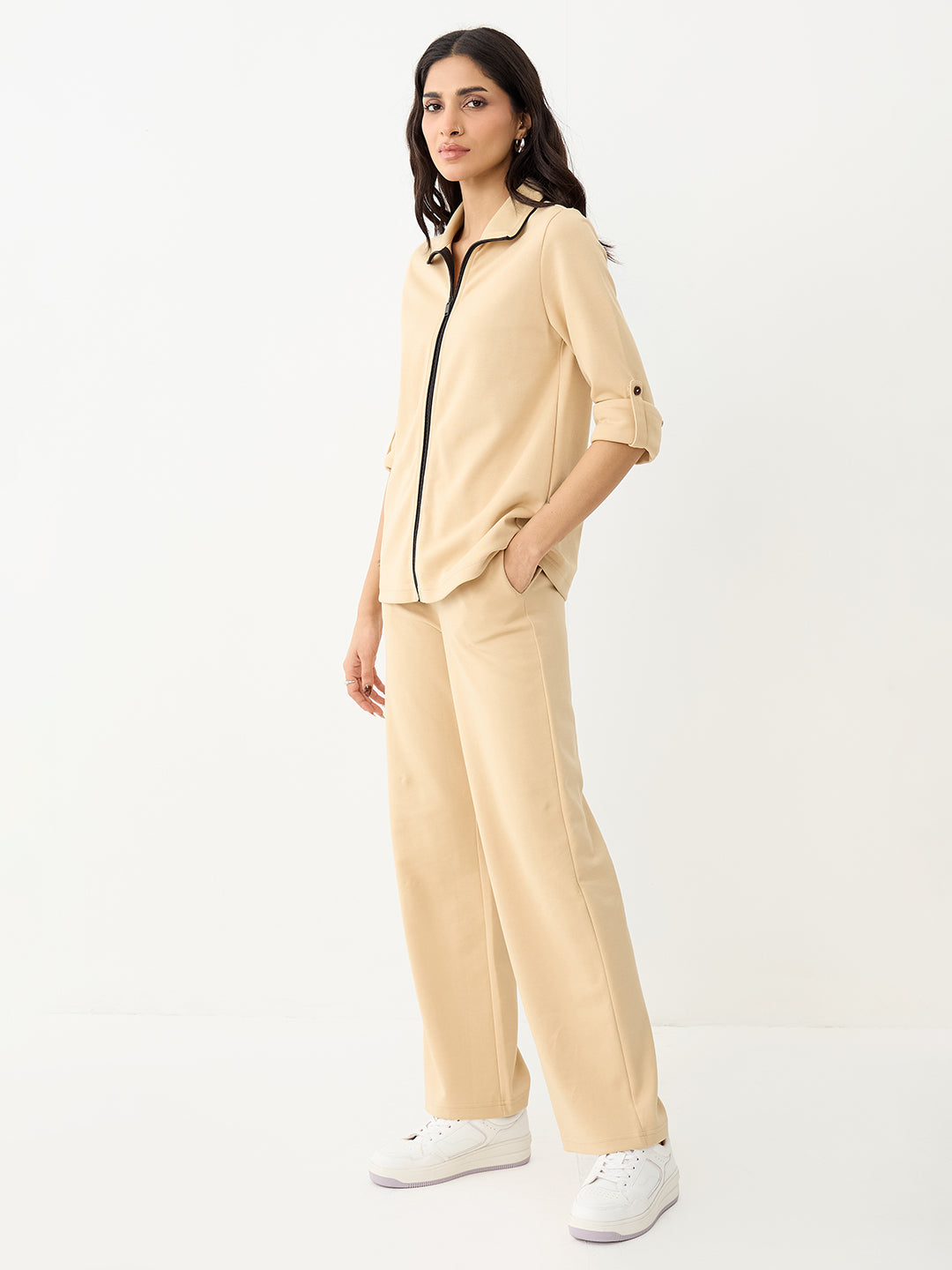 Beige With Contrast Zipper Knit Co-Ord
