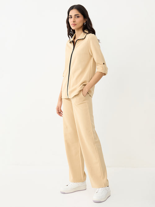 Beige With Contrast Zipper Knit Co-Ord