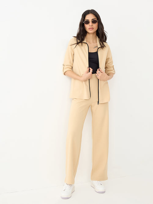 Beige With Contrast Zipper Knit Co-Ord