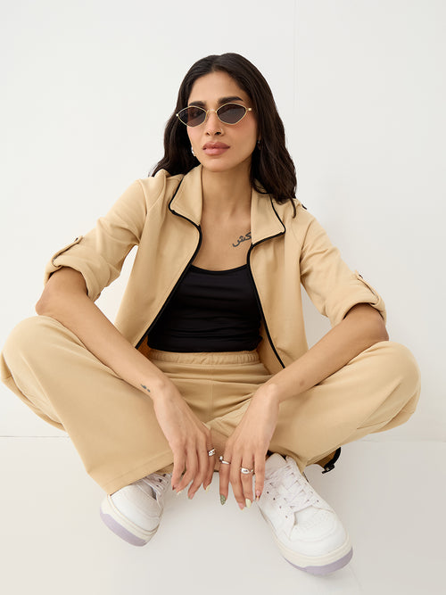 Beige With Contrast Zipper Knit Co-Ord