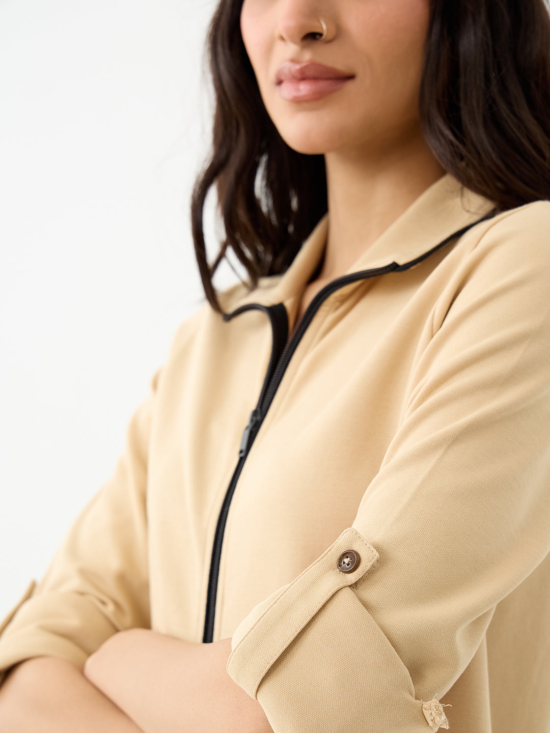 Beige With Contrast Zipper Knit Co-Ord