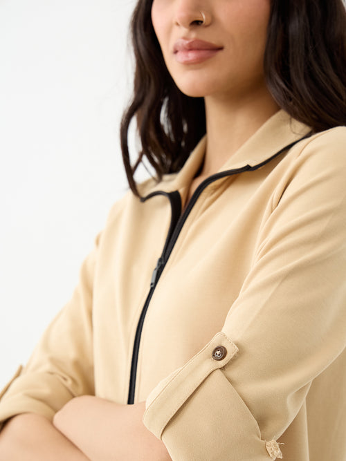 Beige With Contrast Zipper Knit Co-Ord