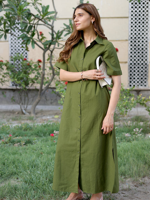 LinenLite Olive Ash Maxi Shirt Dress