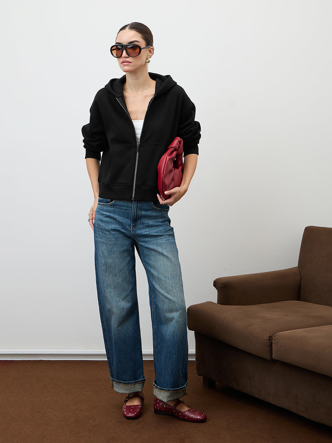 Black Zip-Up Fleece Crop Hoodie