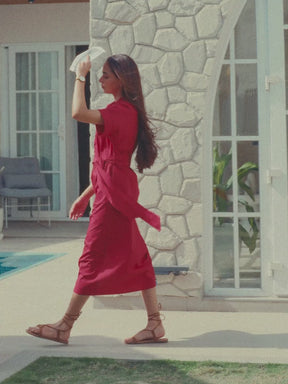Red Poplin Shirt Midi Dress