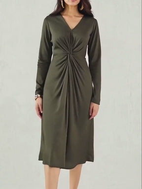 Olive Front Twist Detail Midi Dress