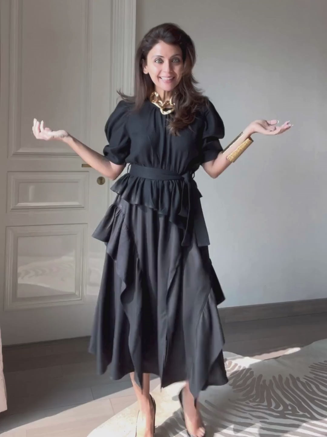 Black Asymmetric Tiered Belted Midi Dress