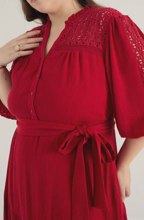 Cranberry Schiffli Tiered Maxi Dress