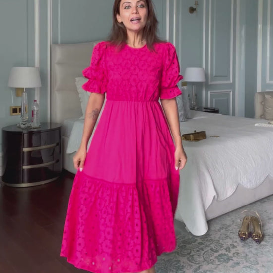 Pink Cotton Schiffli Tiered Midi Dress
