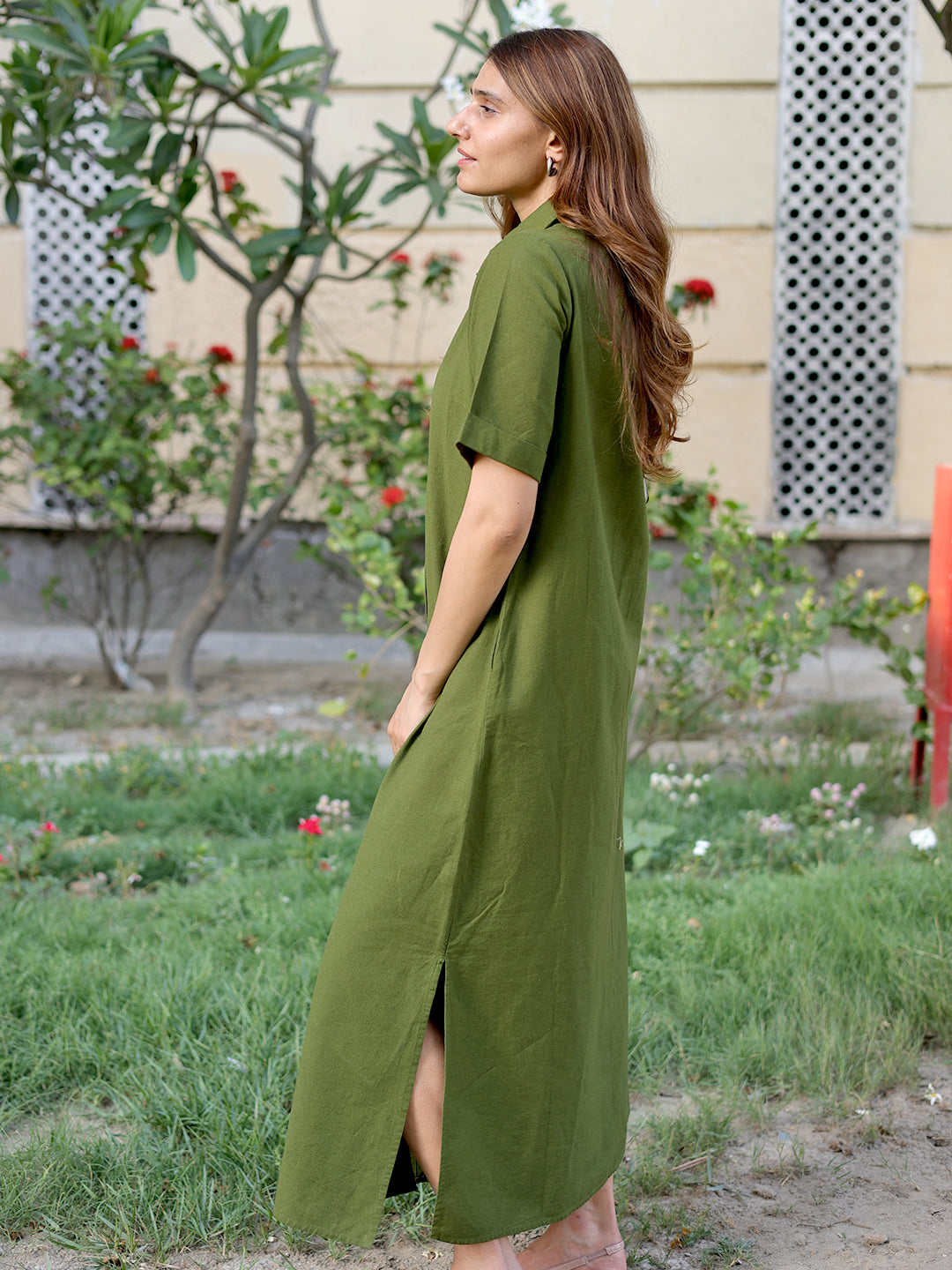LinenLite Olive Ash Maxi Shirt Dress