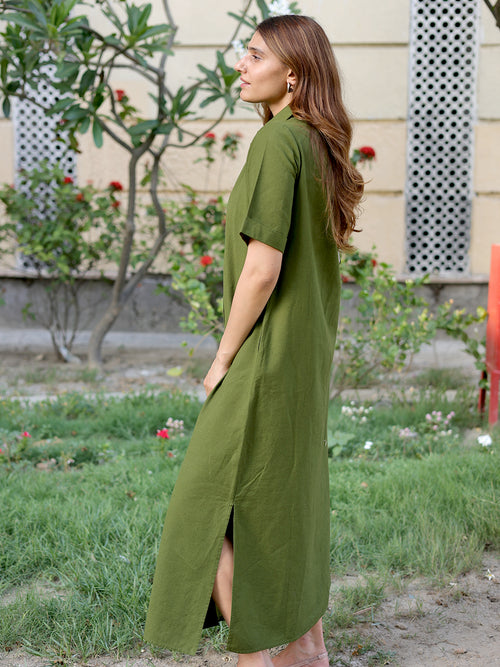 LinenLite Olive Ash Maxi Shirt Dress