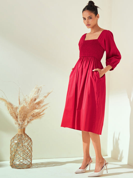 Red Cotton Smocked Midi Dress