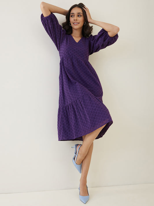 Purple Cotton Schiffli V Neck Midi Dress