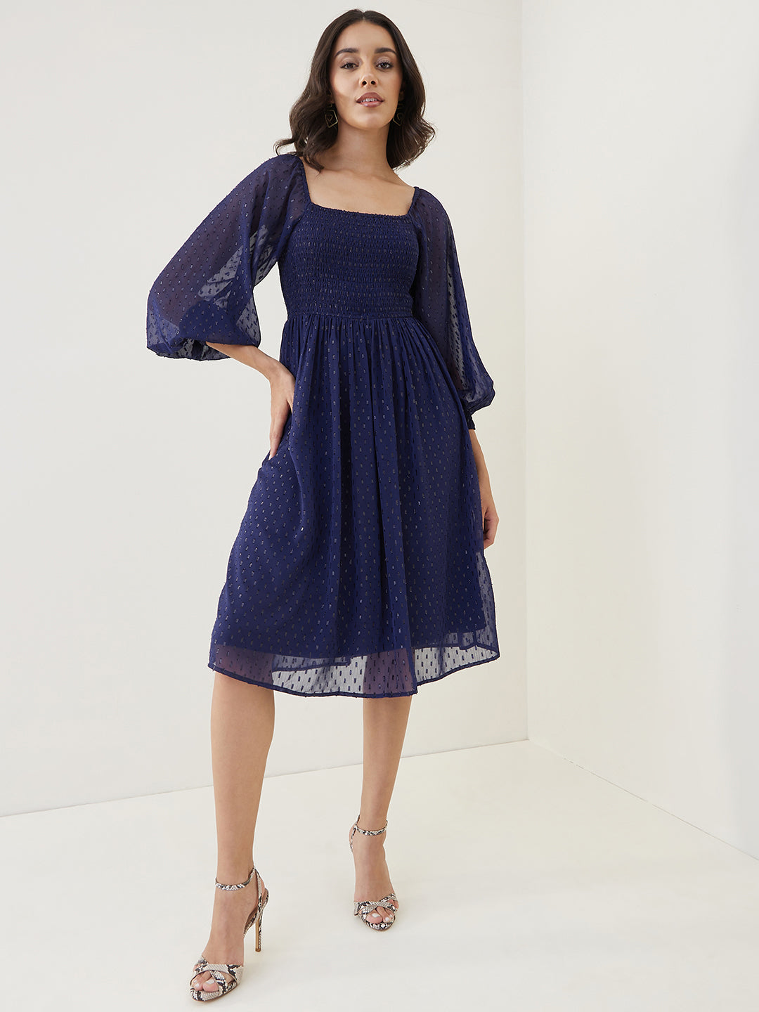 Navy Lurex Smocked Midi Dress