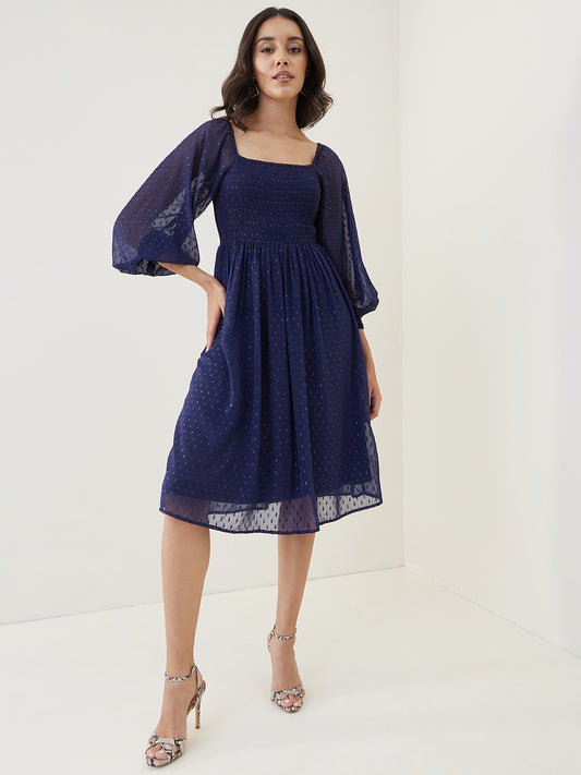 Navy Lurex Smocked Midi Dress