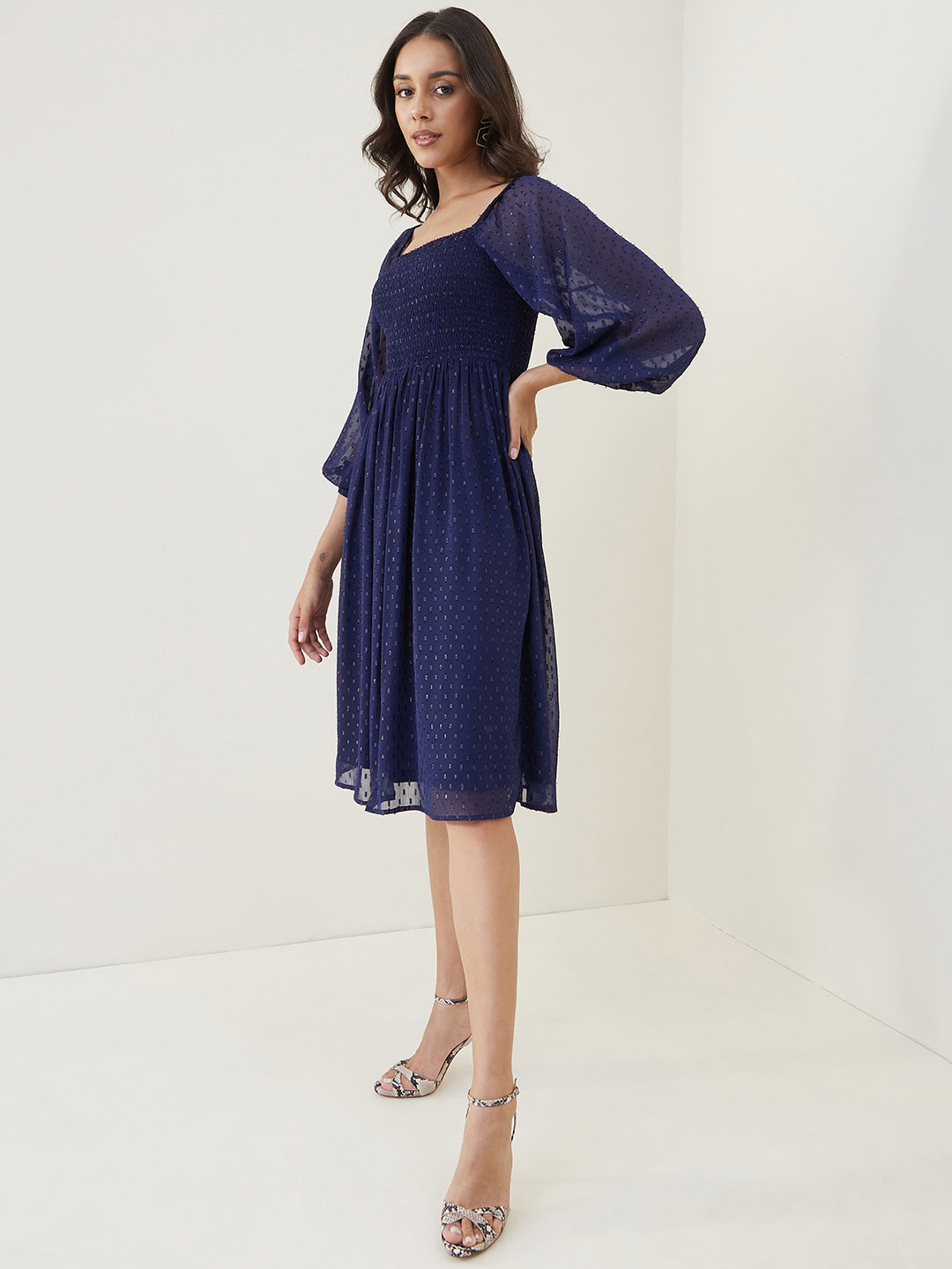 Navy Lurex Smocked Midi Dress