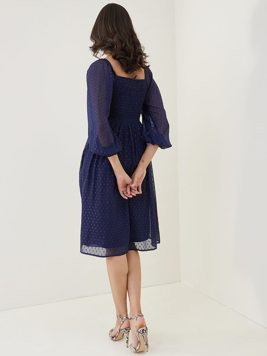 Navy Lurex Smocked Midi Dress