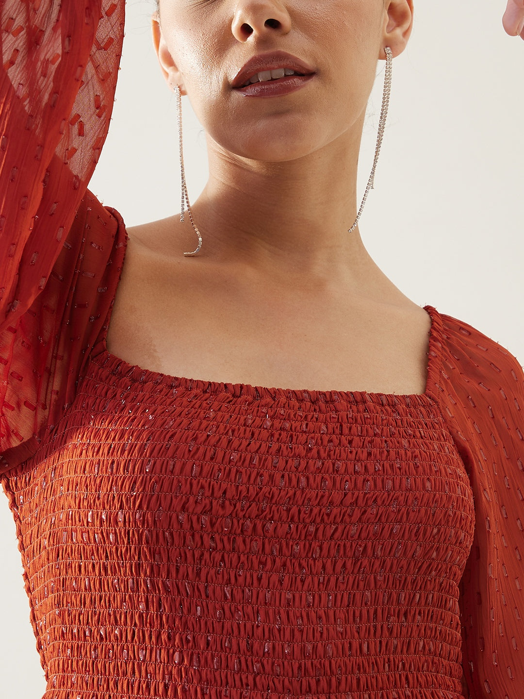 Rust Lurex Smocked Midi Dress