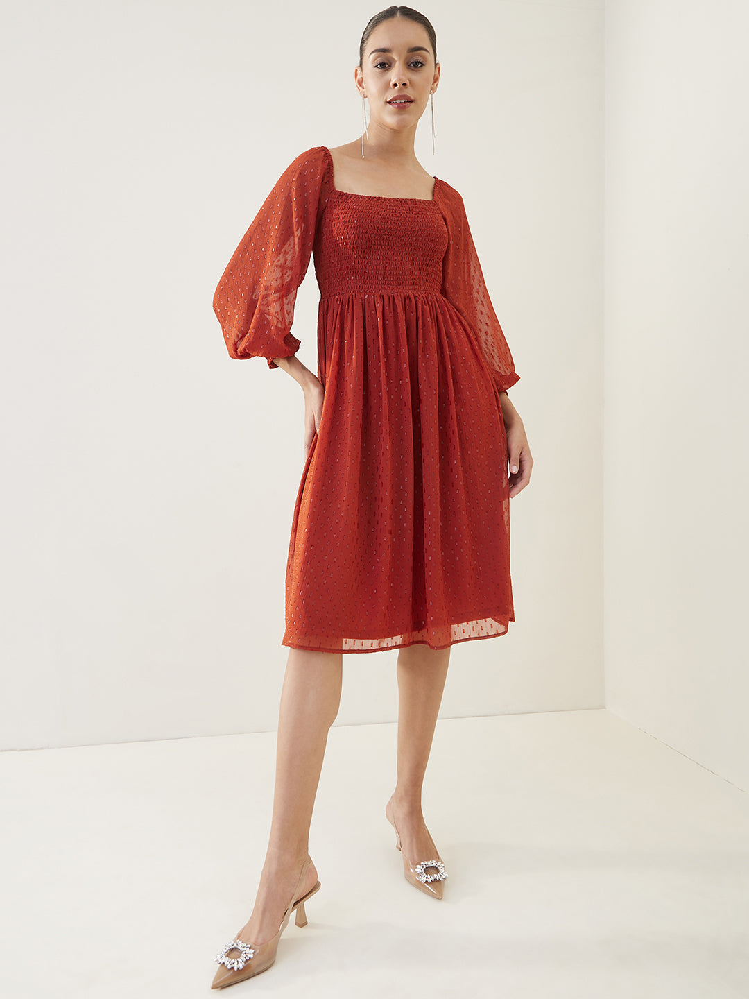Rust Lurex Smocked Midi Dress