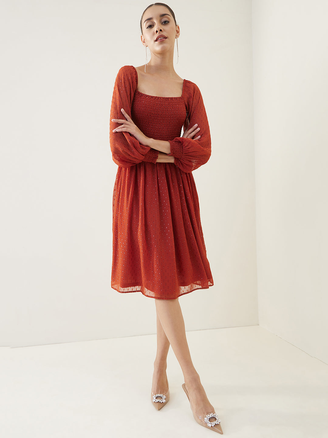 Rust Lurex Smocked Midi Dress