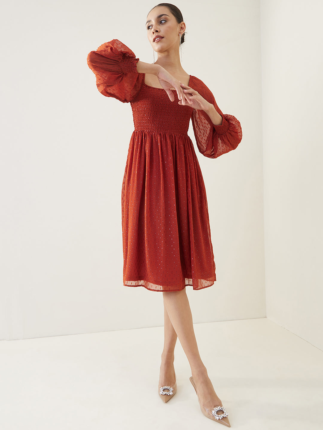 Rust Lurex Smocked Midi Dress