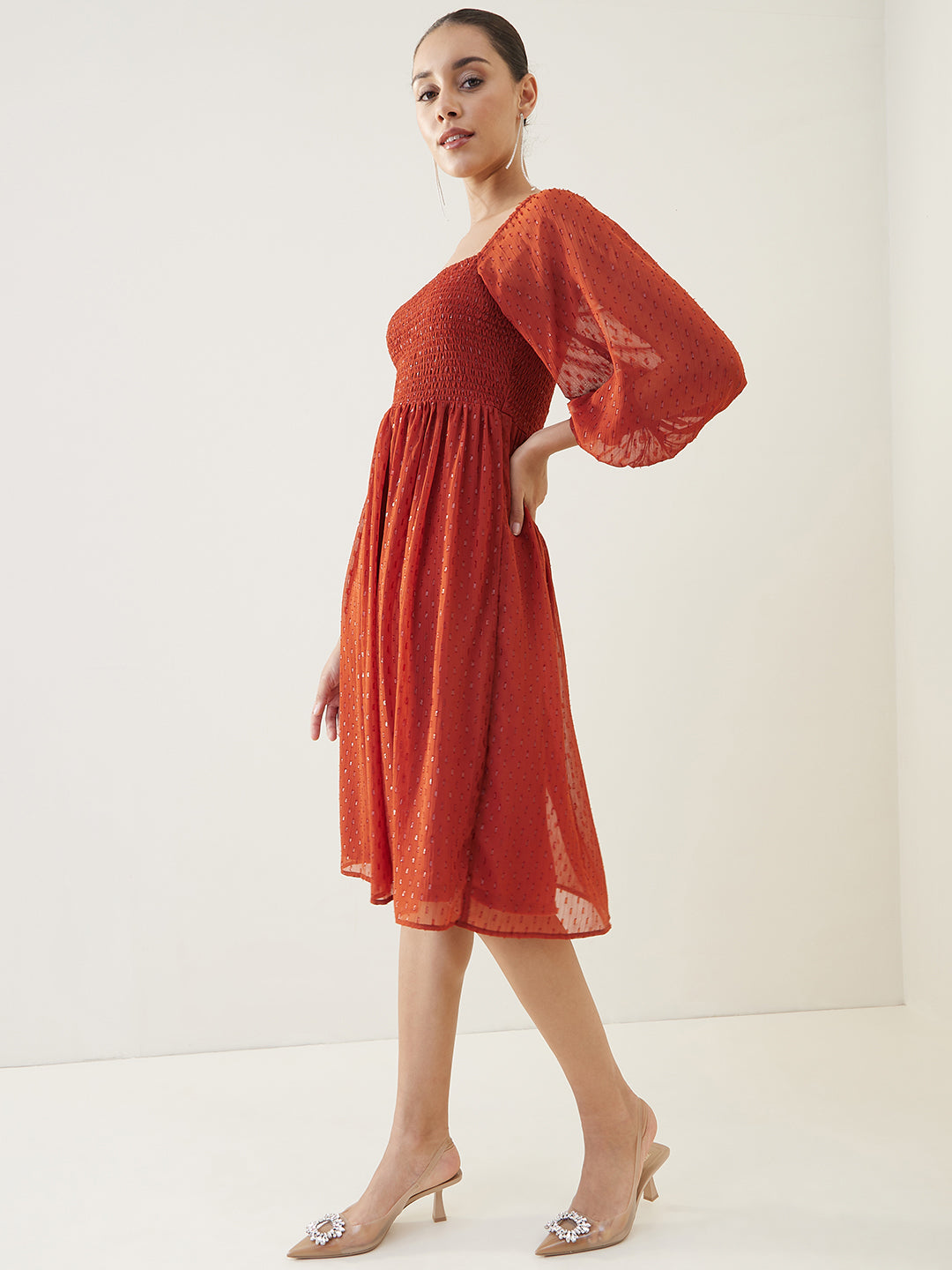 Rust Lurex Smocked Midi Dress