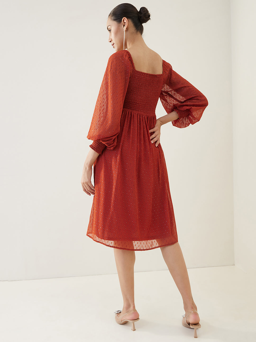 Rust Lurex Smocked Midi Dress